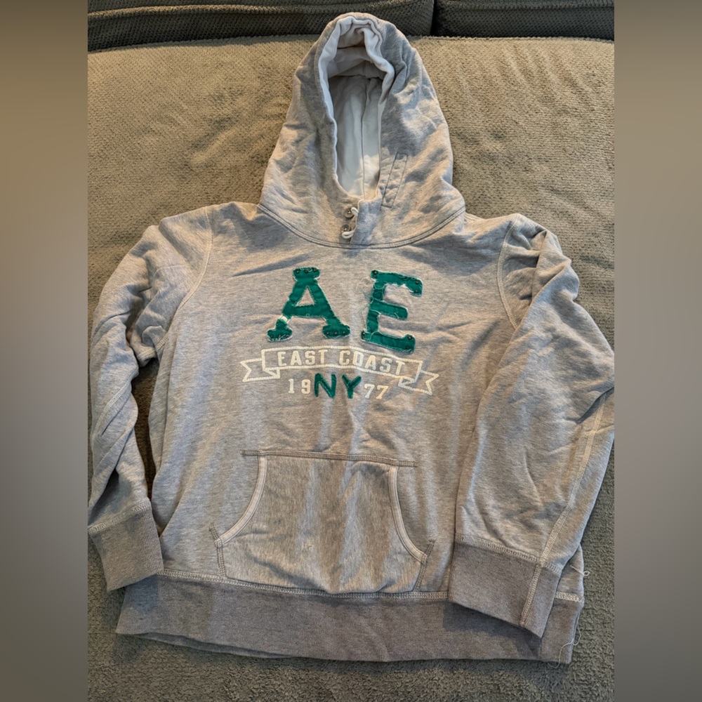 American Eagle Outfitters Light Gray Hoodie with Teal Accents
